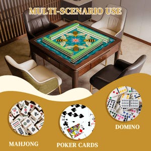 May include: A wooden mahjong table with a teal playing surface featuring bee and floral designs. The image also shows mahjong tiles, poker cards, and dominoes, with the text "MULTI-SCENARIO USE". Four chairs surround the table.