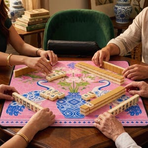 May include: A group of people playing Mahjong. The game is set on a pink mat with a floral and bird design. The tiles are beige and the table is a dark wood.