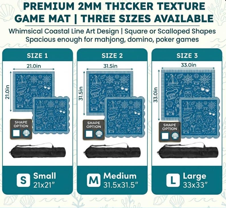 Puede incluir: Alfombras de juego azules con dise&ntilde;o de l&iacute;nea costera, disponibles en tres tama&ntilde;os: 53x53 cm, 80x80 cm y 84x84 cm. Las alfombras tienen 2 mm de grosor y formas cuadradas o festoneadas. El texto en la imagen dice "PREMIUM 2MM THICKER TEXTURE GAME MAT | THREE SIZES AVAILABLE".