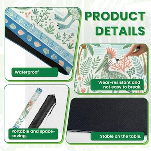 May include: A colorful, patterned placemat with a tropical design, featuring a pelican, palm trees, and other elements. The placemat is waterproof, wear-resistant, and stable on the table. It is also portable and space-saving.