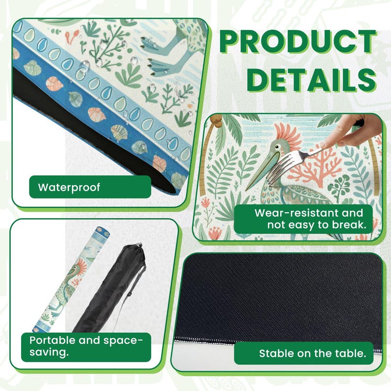 May include: A colorful, patterned placemat with a tropical design, featuring a pelican, palm trees, and other elements. The placemat is waterproof, wear-resistant, and stable on the table. It is also portable and space-saving.