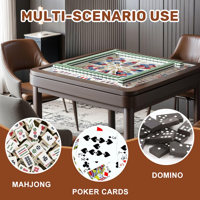K&ouml;nnte beinhalten: Ein dunkelbrauner Spieltisch mit einer gr&uuml;n umrandeten Spielfl&auml;che. Das Bild zeigt Mahjong-Steine, Pokerkarten und Dominosteine. Der Text "MULTI-SCENARIO USE" ist oben zu sehen. St&uuml;hle umgeben den Tisch.