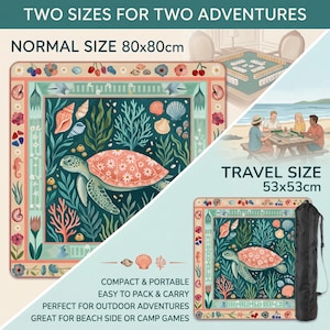 May include: Two sizes of outdoor game mats are shown. The larger mat is 31.5 x 31.5 inches, and the smaller is 20.9 x 20.9 inches. The mats feature a turtle design with seashells and floral borders. Text reads "Compact & Portable" and "Easy to Pack & Carry."