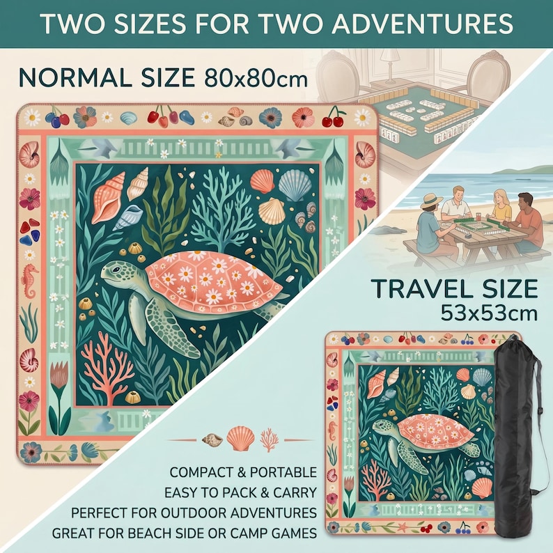 May include: Two sizes of outdoor game mats are shown. The larger mat is 31.5 x 31.5 inches, and the smaller is 20.9 x 20.9 inches. The mats feature a turtle design with seashells and floral borders. Text reads "Compact & Portable" and "Easy to Pack & Carry."