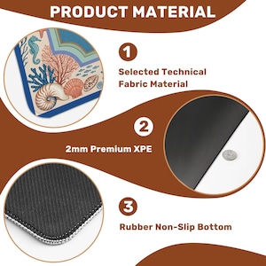 Op de afbeelding: Een diagram dat de materialen van een mat laat zien. Het toont een geselecteerde technische stof, 2 mm premium XPE en een antislip rubberen basis. De bovenste laag heeft een ontwerp met schelpen en een zeepaardje.
