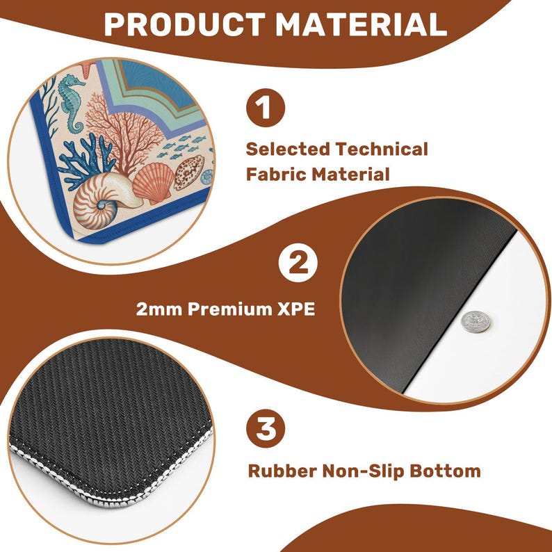 Op de afbeelding: Een diagram dat de materialen van een mat laat zien. Het toont een geselecteerde technische stof, 2 mm premium XPE en een antislip rubberen basis. De bovenste laag heeft een ontwerp met schelpen en een zeepaardje.