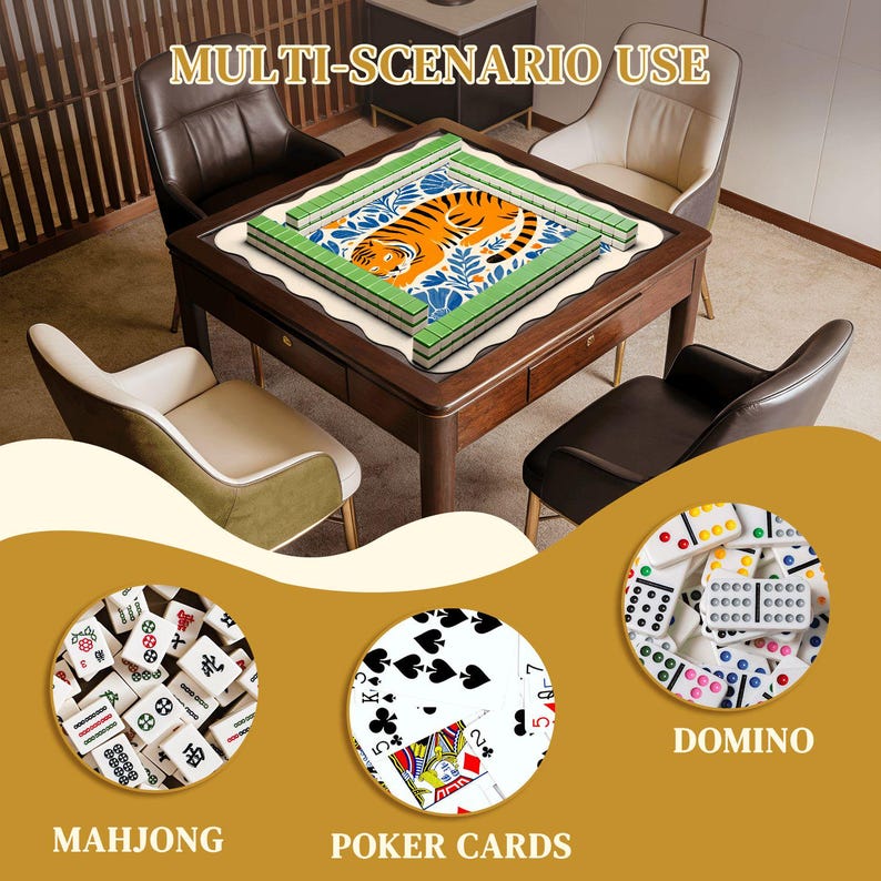 Scalloped Tiger Mahjong Mat, Jungle Floral Art, Non-Slip Board Game Cover (Carrying Bag Included) image 4