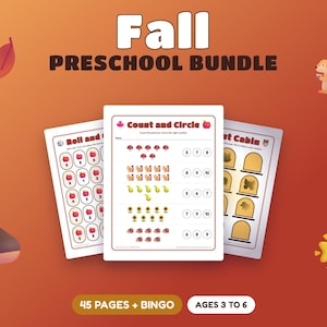 Puede incluir: Un conjunto de actividades educativas Fall Preschool Bundle que incluye tres hojas de trabajo imprimibles con tareas de conteo y asociación. Las páginas incluyen ilustraciones de manzanas, ardillas, peras, girasoles y erizos. El texto incluye Fall Preschool Bundle, Count and Circle, Roll and Count, Lost Cabin, 45 Pages + Bingo y Ages 3 to 6.