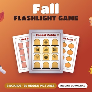 Puede incluir: Un juego de linterna de otoño que incluye tres tableros imprimibles con 36 imágenes ocultas. Los tableros presentan temas como Forest Cabin, Red Barn y Pumpkin Patch, mostrando siluetas de animales y objetos detrás de puertas o ventanas.