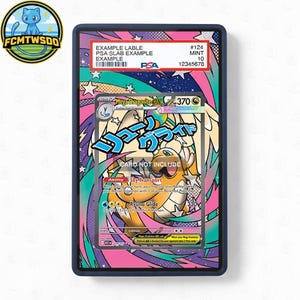 May include: A graded Pokémon card in a protective case. The card features a Mega Dragonite EX illustration with Japanese text. The case has a PSA label with grading information and the text "CARD NOT INCLUDE". The background is a colourful pop art design.
