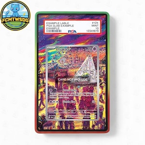 May include: A graded trading card encased in a protective holder. The card features a colorful illustration of a carnival scene with the name "Drowzee" and the text "CARD NOT INCLUDE". The holder has a green, red, and yellow gradient border.