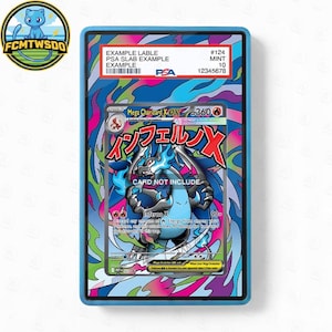 Könnte beinhalten: Ein blauer Kartenhalter mit einer Pokémon-Sammelkarte. Die Karte zeigt eine Mega-Charizard-X-EX-Illustration mit japanischem Text und "Inferno X". Die Karte ist mit Mint 10 bewertet.