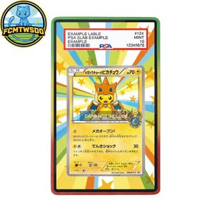 May include: A graded Pokémon trading card featuring a Pikachu character in a protective case. The card has Japanese text and a colorful design with stars. The case has a green and red border with the text "EXAMPLE LABLE" and "PSA SLAB EXAMPLE".