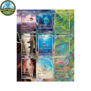 Puede incluir: Se muestran nueve coloridas cartas coleccionables de Pokémon. Cada carta presenta un personaje Pokémon diferente con ilustraciones vibrantes y varios valores numéricos. Las cartas están sobre un fondo colorido, mostrando una variedad de escenas y diseños.