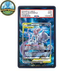 May include: A PSA graded trading card in a protective plastic slab featuring the Mewtwo and Mew GX Tag Team character illustration. The label at the top displays the text EXAMPLE LABLE, PSA SLAB EXAMPLE, EXAMPLE, #124, MINT 10, and 12345678.