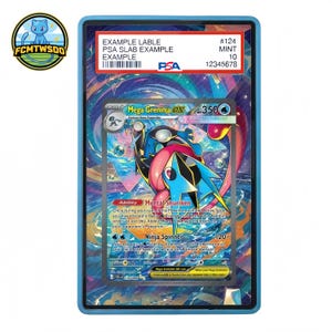 Könnte beinhalten: Eine PSA-geprüfte Sammelkarte mit Mega Greninja EX mit 350 HP, eingeschlossen in einer blauen Kunststoffhülle. Die Karte zeigt einen farbenfrohen, wirbelnden kosmischen Hintergrund sowie den Text "Mortal Shuriken" und "Ninja Spinner" mit Mint 10.