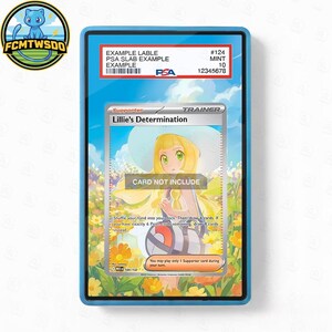 May include: A rectangular blue PSA graded card slab containing a Lillies Determination trainer card. The card features a blonde character in a field of yellow and orange flowers. The label reads EXAMPLE LABLE PSA SLAB EXAMPLE 12345678.