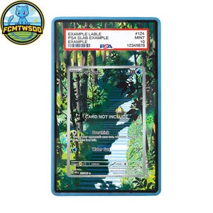 May include: A rectangular PSA graded trading card slab with a blue border, featuring a Psyduck card illustration of a forest path. The label at the top displays EXAMPLE LABLE, PSA SLAB EXAMPLE, #124, MINT 10, and the text CARD NOT INCLUDE in the center.