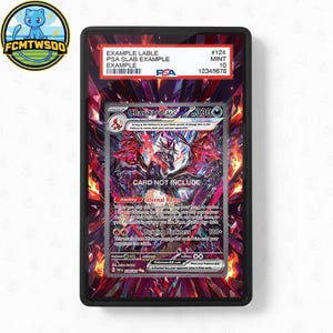 May include: A graded Charizard EX Pokémon card in a black protective case. The card features a fiery design with red and purple hues, and the text "CARD NOT INCLUDE". The case has a PSA label with details.