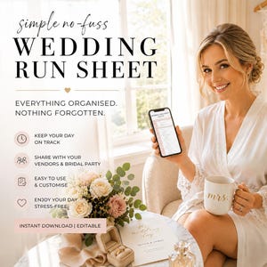 Puede incluir: Una hoja de ruta digital para bodas en la pantalla de un teléfono inteligente, con el texto 'simple no-fuss WEDDING RUN SHEET' y 'EVERYTHING ORGANISED. NOTHING FORGOTTEN.' junto a iconos para seguimiento, compartir, personalizar y organizar.