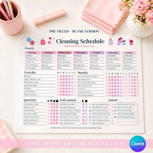 Peut inclure: Un planning de nettoyage en papier blanc avec du texte et des icônes roses et violets. Le document comprend des sections pour les tâches hebdomadaires, quotidiennes, mensuelles, trimestrielles, semestrielles et annuelles avec des cases à cocher.