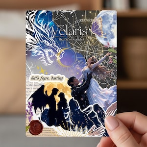 May include: A fantasy-themed art print featuring a dragon, celestial elements, and figures in a romantic embrace. The print includes the text "Welaris, The City of Starlight" and "hello feyre, darling". The color palette includes blues, purples, and gold.