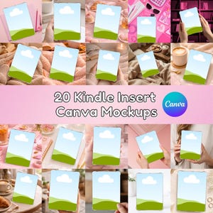 May include: A collage of 20 Kindle insert mockups, each featuring a tablet with a sky and landscape design. The text "20 Kindle Insert Canva Mockups" is displayed, along with the Canva logo.