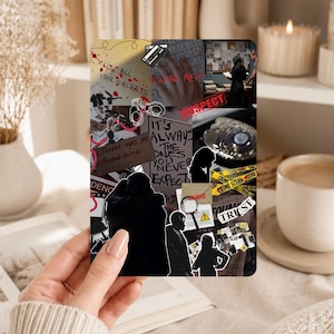 May include: A rectangular collage print featuring a crime investigation theme with various images including a police badge, handcuffs, a magnifying glass, crime scene tape, and silhouettes of people. Text includes "KNOW ALL YOUR SECRETS," "YOU'RE NEXT," "SUSPECT," "IT'S ALWAYS THE ONES YOU NEVER EXPECT," and "TRUST."
