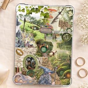 Pode incluir: Uma capa para tablet com uma ilustração colorida inspirada em "O Senhor dos Anéis" e "O Hobbit". O design inclui buracos de hobbit, um dragão, um mago e os textos "The Shire", "Hobbiton" e "The Lord of the Rings".