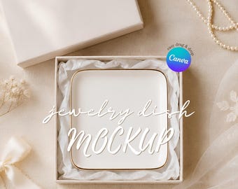 Mockup de porta-joias, alianças de casamento em estilo flatlay, modelo editável do Canva
