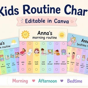 Può includere: Tre tabelle di routine per bambini intitolate Kids Routine Charts, modificabili in Canva, A4 + US Letter. Ogni tabella presenta colonne colorate con illustrazioni per le attività del mattino, del pomeriggio e della sera, con caselle di controllo.