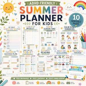 May include: A set of ten printable pages for an ADHD-friendly summer planner for kids, featuring colorful illustrations of a sun, rainbow, and clouds. The pages include daily routines, chore charts, reading challenges, and kindness trackers.