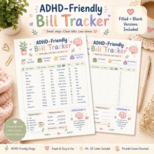 Puede incluir: Dos hojas de seguimiento de facturas ADHD-Friendly con ilustraciones en tonos pastel de un cerebro y una planta en maceta. Los formularios incluyen secciones para presupuesto mensual, ingresos, saldo, listas de facturas y resúmenes.