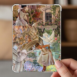 May include: A tablet case with a collage design, incorporating classical art themes. The artwork includes ballerinas, a woman in a white dress, a dove, and architectural details. The colour scheme features whites, greens, and floral elements.