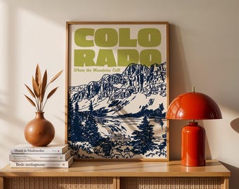 Colorado Mountain Poster – Vintage Lake Line Art - Digital Download