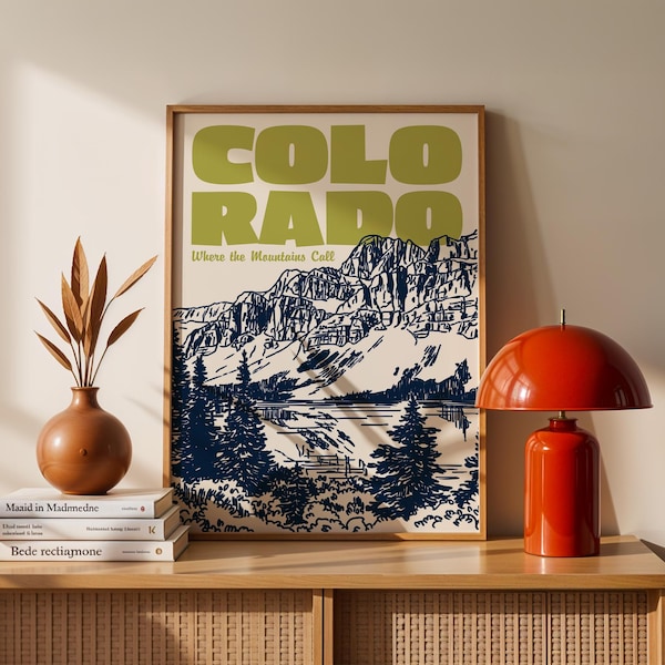 Colorado Mountain Poster – Vintage Lake Line Art - Digital Download