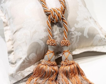 Luxury Curtain Tiebacks with Tassels, Orange Beige Rope Tie Back, Decorative Drapery Holdback, Classic Window Decor