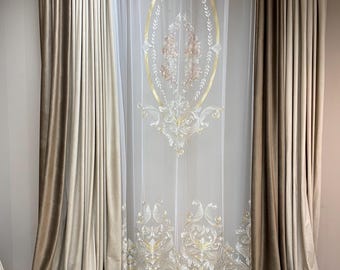 Pannello per tenda ricamato italiano, lussuoso pizzo floreale trasparente, elegante decorazione per finestre.