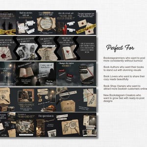 May include: A collection of dark-themed graphic designs with text elements, including phrases like "Mystery Great" and "Who Did It?" The designs feature detective-themed imagery, such as magnifying glasses, books, and crime scene tape, suitable for book-related social media.