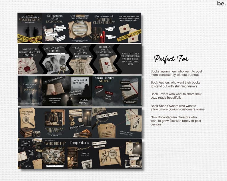 May include: A collection of dark-themed graphic designs with text elements, including phrases like "Mystery Great" and "Who Did It?" The designs feature detective-themed imagery, such as magnifying glasses, books, and crime scene tape, suitable for book-related social media.