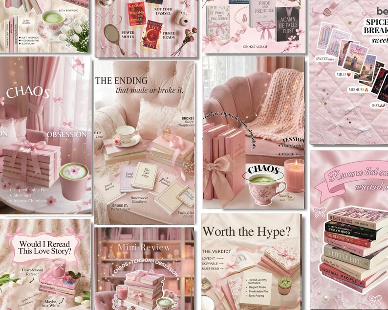 Bookstagram Canva Templates Pink Coquette: Book Review, Content Creator Booktok Instagram Trendy Bookish Reader Writer Author Social Media