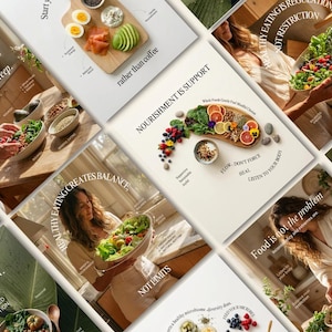 Puede incluir: Un collage de imágenes de estilo de vida con cuencos de ensaladas frescas, frutas cortadas, verduras y frutos secos sobre tablas de madera. Las superposiciones de texto incluyen frases como Nourishment is Support, Healthy Eating Creates Balance y Food is not the problem.