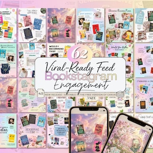 Könnte beinhalten: Eine Sammlung von 62 Bookstagram-Vorlagen in Pastellfarben, mit Buchcovern und dem Text "Viral-Ready Feed Bookstagram Engagement". Zwei Smartphones zeigen ähnliche Vorlagen. Das Bild enthält Text wie "Spring Reads."