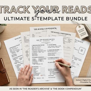 May include: A collection of printable book review templates with the text "TRACK YOUR READS ULTIMATE 5-TEMPLATE BUNDLE". The templates include sections for bibliographic records, reading experience, and character trackers. A brown leather journal and a cup of coffee are also visible.