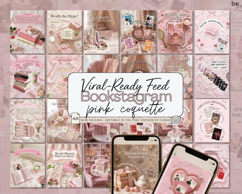 Bookstagram Canva Templates Pink Coquette: Book Review, Content Creator Booktok Instagram Trendy Bookish Reader Writer Author Social Media