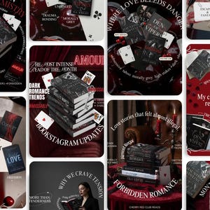 May include: A collection of dark romance books with titles like "Haunting Adeline" and "Den of Vipers" are displayed. The covers feature gothic designs and dark color schemes. Playing cards and text overlays enhance the aesthetic, creating a moody, romantic theme.
