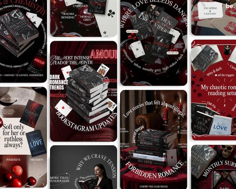 May include: A collection of dark romance books with titles like "Haunting Adeline" and "Den of Vipers" are displayed. The covers feature gothic designs and dark color schemes. Playing cards and text overlays enhance the aesthetic, creating a moody, romantic theme.