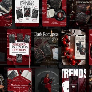 May include: A collage of book covers and digital media with a dark, romantic theme. The covers feature titles like "Obsession Disguised as Devotion" and "Dark Romances." The color palette is dominated by deep reds and blacks, with some white text.