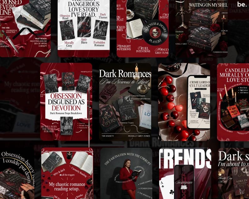 May include: A collage of book covers and digital media with a dark, romantic theme. The covers feature titles like "Obsession Disguised as Devotion" and "Dark Romances." The color palette is dominated by deep reds and blacks, with some white text.