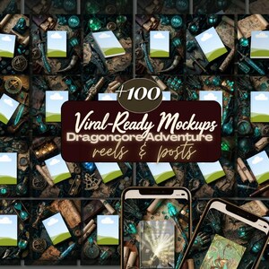 May include: A collection of mockups with a Dragoncore and Adventure theme. The image features a grid of mockups with various props like scrolls, compasses, and potions. The text reads "+100 Viral-Ready Mockups Dragoncore Adventure reels & posts."